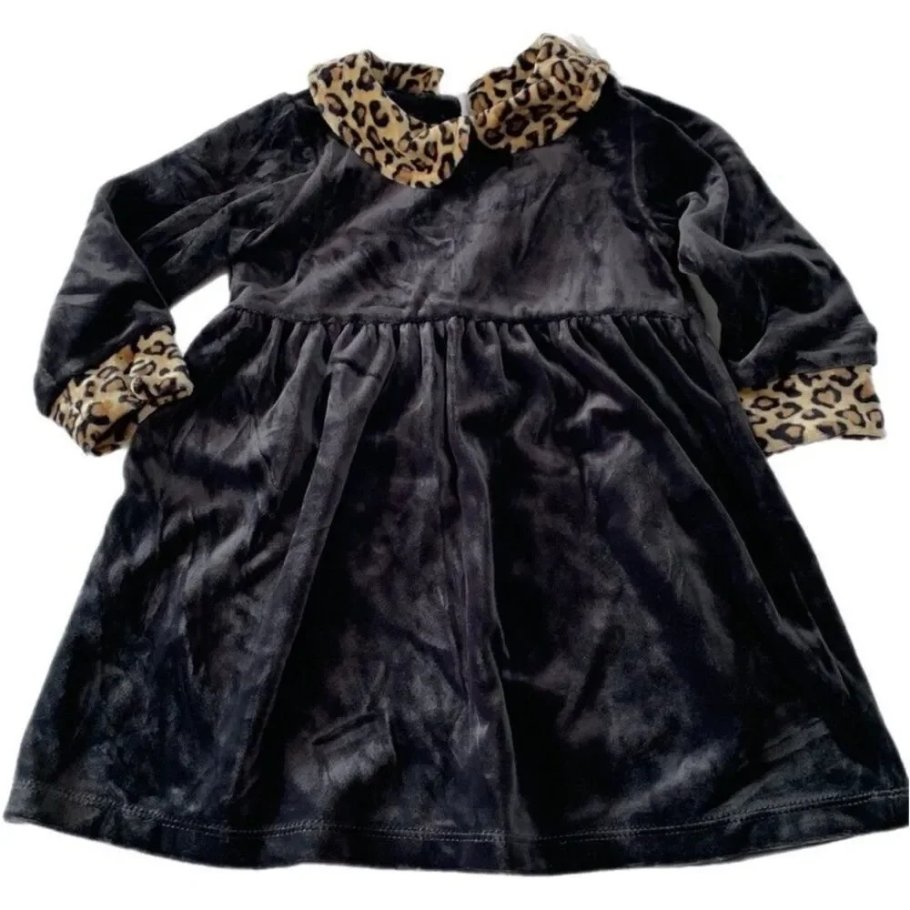 OshKosh BGosh Baby Girls Black Leopard Velvet Long Sleeve Formal Dress Size 18M